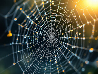 close up of spider web with morning dew and sunlight streaming through