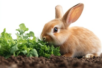 Fototapeta premium Adorable bunny rabbit enjoying a delicious meal of fresh greens in its garden habitat.