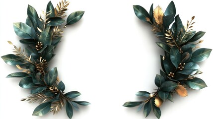 Fototapeta premium A Christmas wreath, seasonal decoration, detailed 3D illustration, lush greenery with golden accents, isolated on white background 