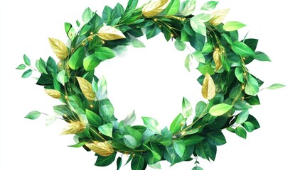 Fototapeta premium A Christmas wreath, seasonal decoration, detailed 3D illustration, lush greenery with golden accents, isolated on white background 