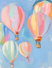 Colorful Pastel Hot Air Balloons in Blue Sky