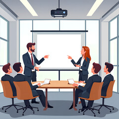 Engaging team presentation in a modern conference room with interactive discussion, digital illustration of business meeting concept.