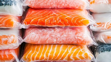 Transparent Frozen Seafood Bags Stacked with Frosty Details for Food Safety and Preservation