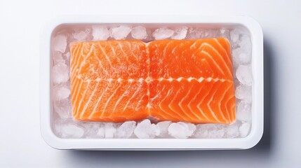 Freshly Frozen Salmon with Ice Crystals Neatly Arranged in Open Freezer