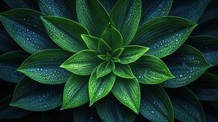 Obraz premium Close-up of lush green leaves with raindrops