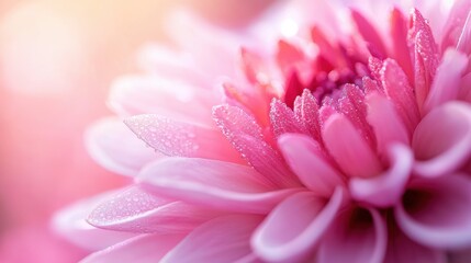 Close-up of a pink flower with dew drops in soft light