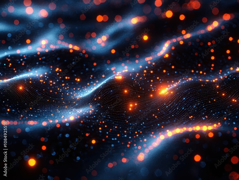 Poster exploring digital wavelike structures in deep blues and fiery oranges a visual journey through abstr