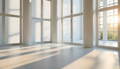 Obraz premium A bright, airy room with large windows letting in natural light. The room has white walls and floors, creating a clean, minimalist aesthetic.