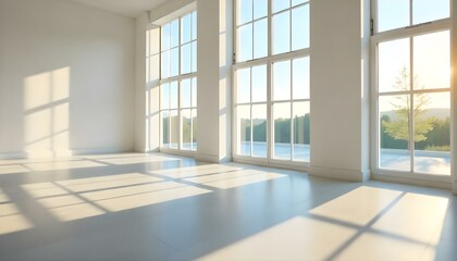 Fototapeta premium A bright, airy room with large windows letting in natural light. The room has white walls and floors, creating a clean, minimalist aesthetic.
