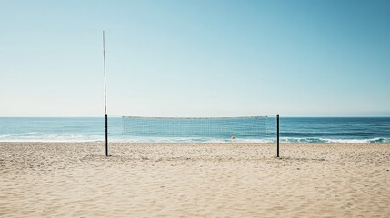 A calm beach volleyball court with a net and balls neatly positioned, A sunny, sandy beach with gentle waves in the background