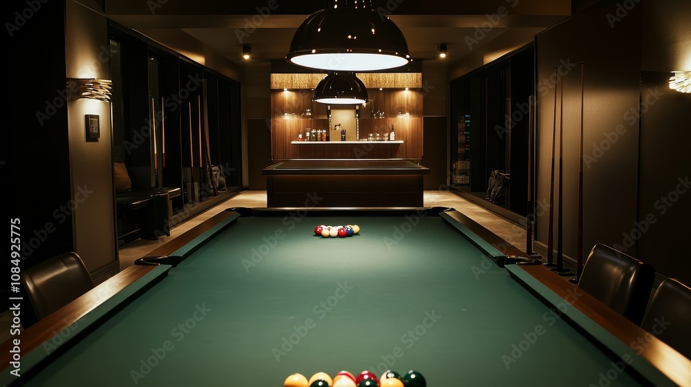Poster a calm billiard room with perfectly aligned pool cues and balls, a dimly lit space with a smooth, po