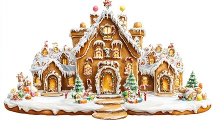 Fototapeta premium A gingerbread house, Christmas dessert, detailed illustration, decorated with icing and candy, isolated on white background