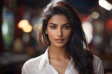 Obraz premium A woman with long dark hair and a white shirt