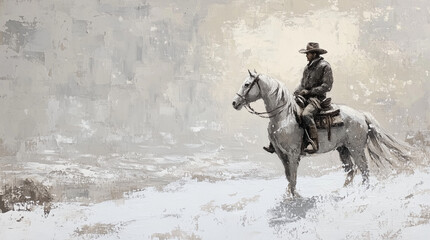 Fototapeta premium Cowboy on White Horse - Framed Oil Painting Style Canvas Print - Abstract Western Wall Art for Rustic & Modern Home Décor