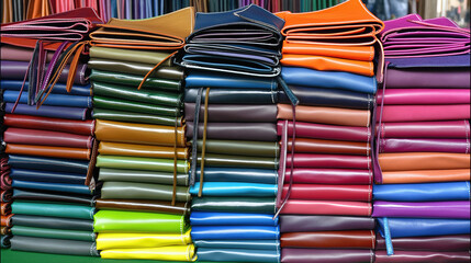 Collection of leather multicolored cuts.Leather, dyed with natural dyes, blanks for sewing belts, wallets, bags and other accessories