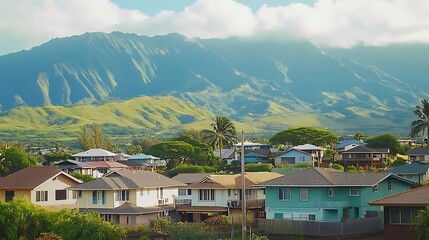 Fototapeta premium Maui Hawaii residential area with mountains in the background