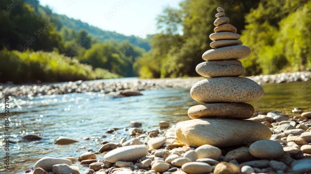 Poster a calm rock balancing spot with stones and pebbles neatly stacked by a river, a tranquil riverside w