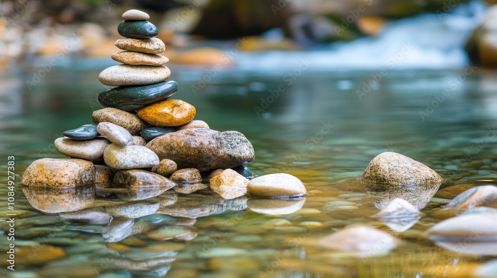 Poster a calm rock balancing spot with stones and pebbles neatly stacked by a river, a tranquil riverside w