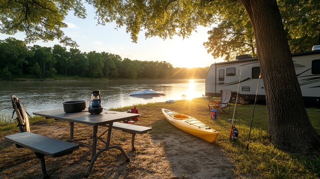 A serene riverside campground with kayaks on the shore, RVs lined up, and fishing rods propped against a tree