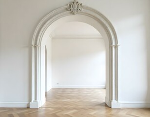 A large, ornate marble archway leads into a bright, open room with white paneled walls and hardwood floors. The room has a minimalist, elegant aesthetic