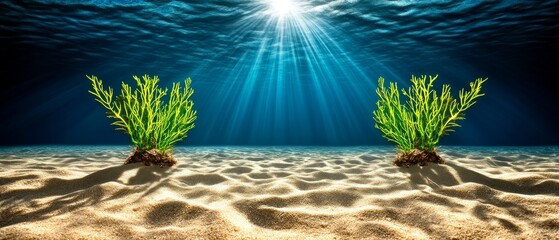 Underwater Seascape Sunbeams Sandy Ocean Floor Lush Seaweed