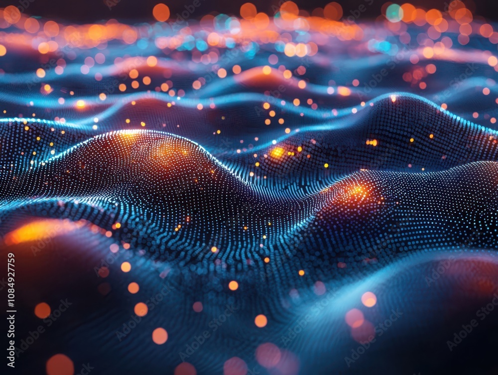 Poster visualizing futuristic data flow as a dynamic digital landscape in an abstract environment for innov