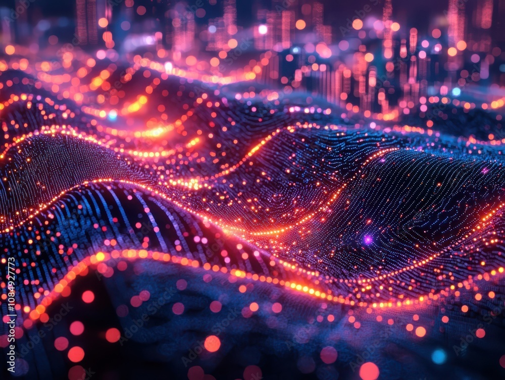 Poster visualizing futuristic data flow a digital landscape representing information dynamics in an abstrac