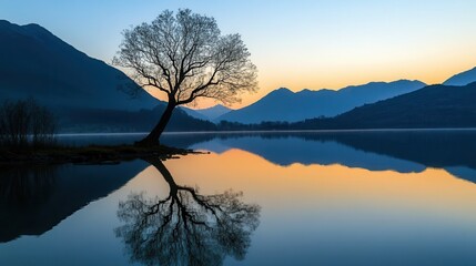 Solitary bare tree reflected perfectly in still mountain lake during sunrise with misty peaks in background