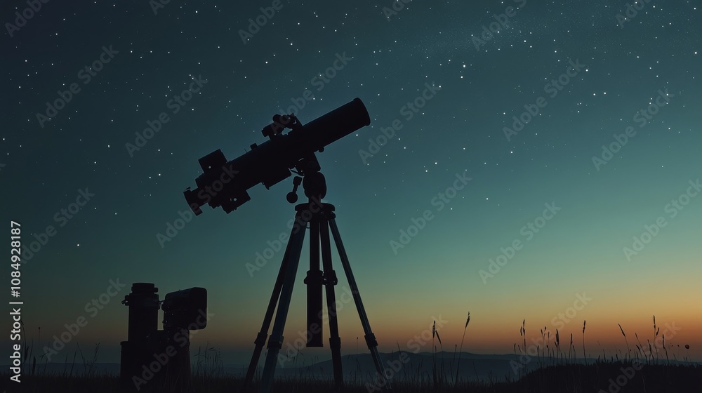 Poster a calm telescope setup with astronomy gear neatly placed, a clear night sky with stars twinkling in 