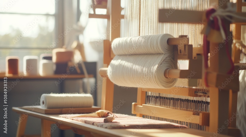Aufkleber A calm weaving loom setup with yarns and shuttles neatly arranged, A quiet room with soft ambient light and clean work surfaces, Minimalist craft style