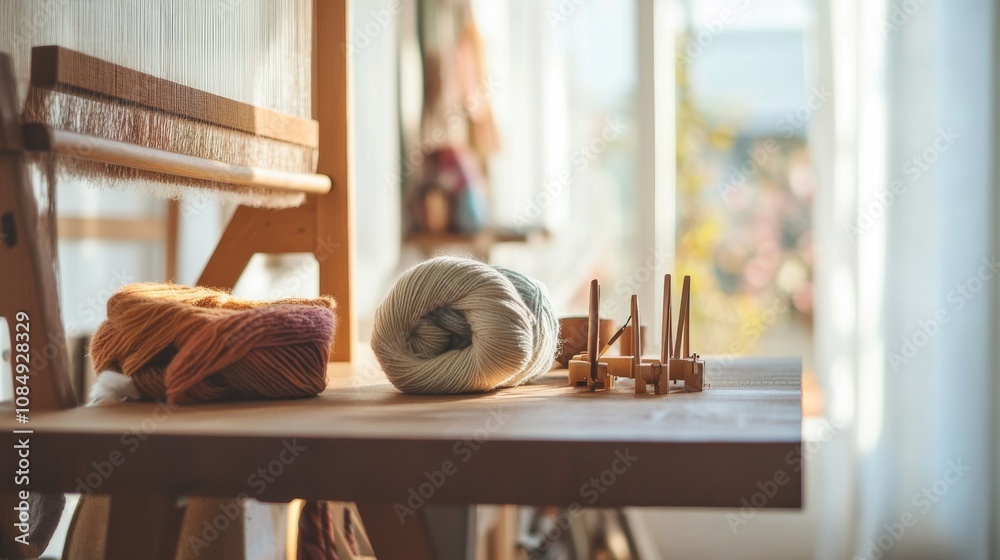 Poster A calm weaving loom setup with yarns and shuttles neatly arranged, A quiet room with soft ambient light and clean work surfaces, Minimalist craft style