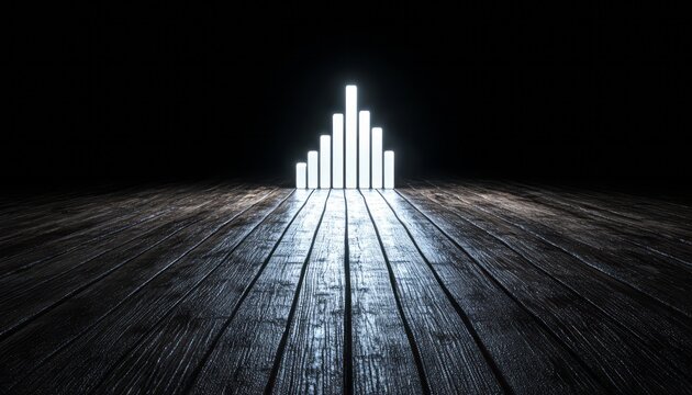 Light bars creating a striking graph design on a dark wooden surface at night