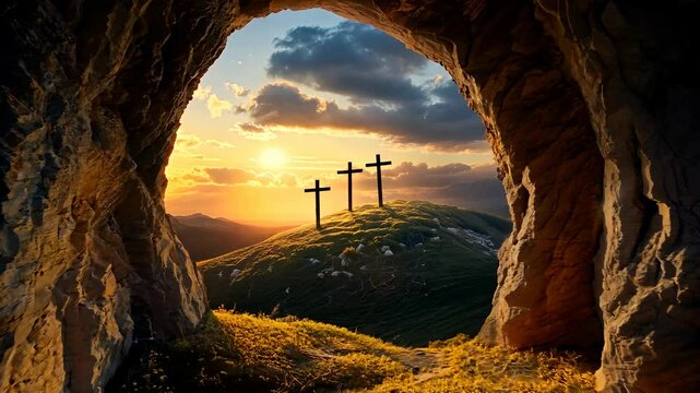 Empty tomb of Jesus Christ. Crucifixions in the rays of the sun