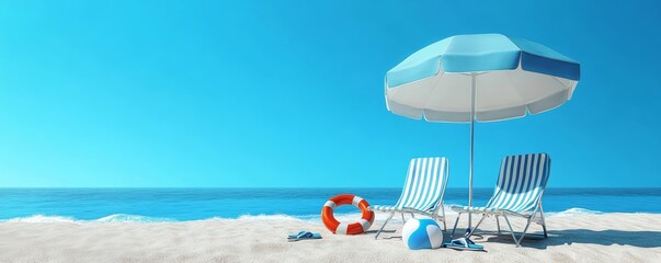 Minimalist pastel beach scene with striped chairs and accessories under bright turquoise sky