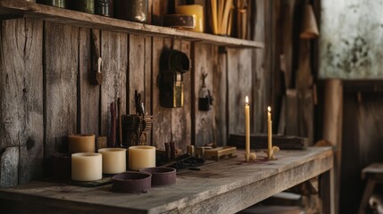 A charming candle making station in a rustic shed, Wax and molds neatly arranged, Homely craft style