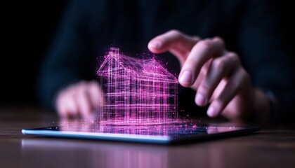 A person interacts with a holographic house design on a tablet screen at night