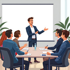 Dynamic business presentation with engaging speaker and attentive team in modern office setting, digital illustration of corporate training concept.