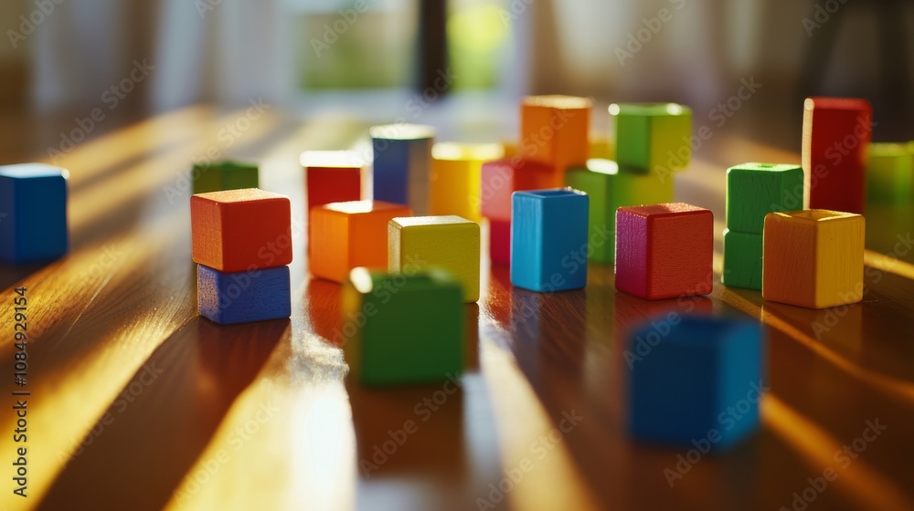 Poster a colorful block-building scene on a clean wooden table, vibrant blocks arranged in creative structu