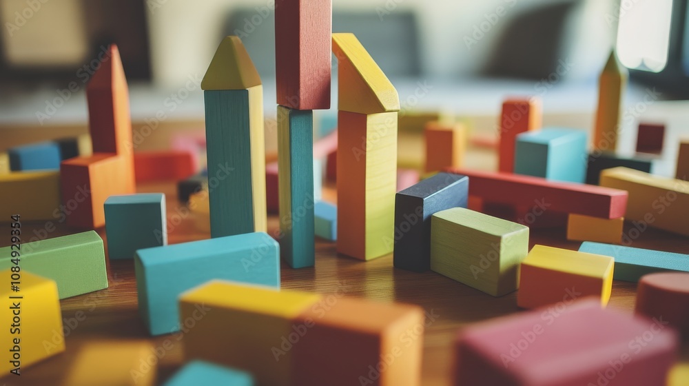 Poster a colorful block-building scene on a clean wooden table, vibrant blocks arranged in creative structu