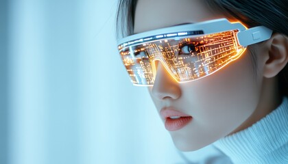 Modern woman wearing futuristic glowing glasses indoors, exploring technology trends