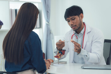 Fototapeta premium Doctor Explaining Medical Model: A doctor uses a model to explain a medical condition to a patient. The scene is set in a professional medical office, demonstrating a doctor-patient interaction. 