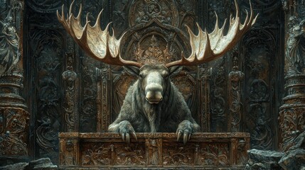 Majestic gray moose displaying intricately carved antlers in a mythical forest setting visual art nature close-up wildlife majesty