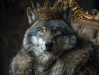 Fototapeta premium Majestic gray wolf donning an ornate crown posed grandly in a regal setting captured in a luxurious environment for nature enthusiasts