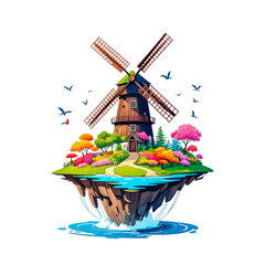 illustration of wind mill surrounded by colorful flowers on white background.	