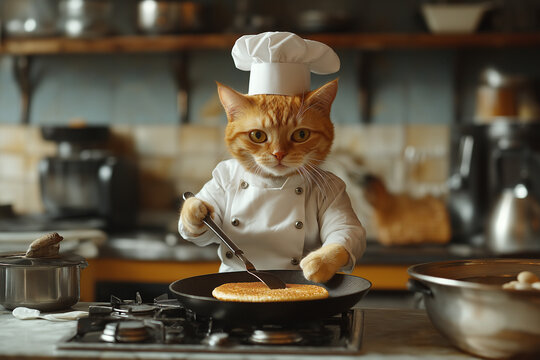 An orange cat dressed as a professional chef cooking pancakes in a cozy kitchen creating a whimsical and delightful atmosphere.