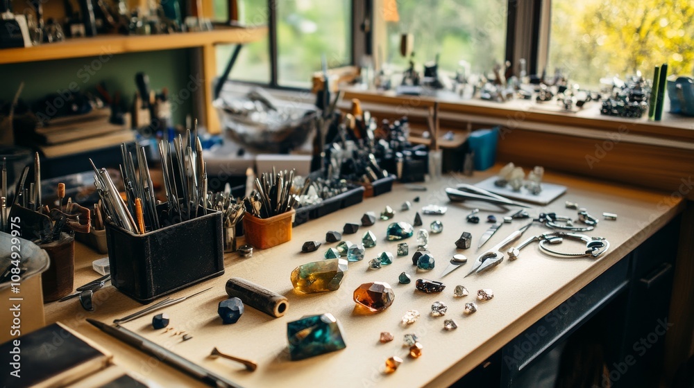 Poster a comprehensive fly tying setup in a rustic cabin, fly tying tools and materials neatly organized on