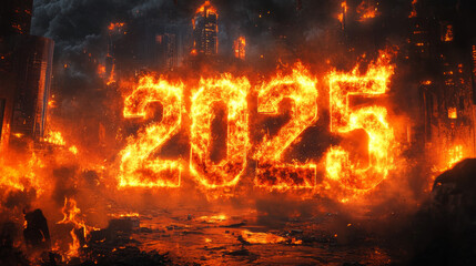 Large numbers centered on black background 2025 engulfed in raging flames of hellfire burning fire destruction evil inferno new year New Years Eve party invitation