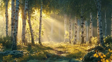 Fototapete Morning in the birch grove with sun rays and fog © ceoJAHID