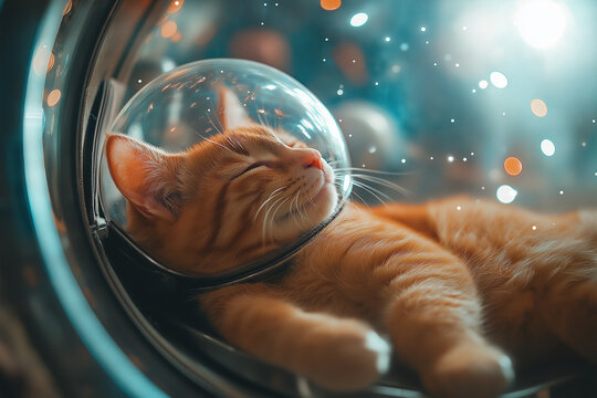 An orange cat peacefully floating in zero gravity inside a futuristic space capsule surrounded by sparkling particles and soft lights.