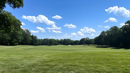 green grass field with trees in background